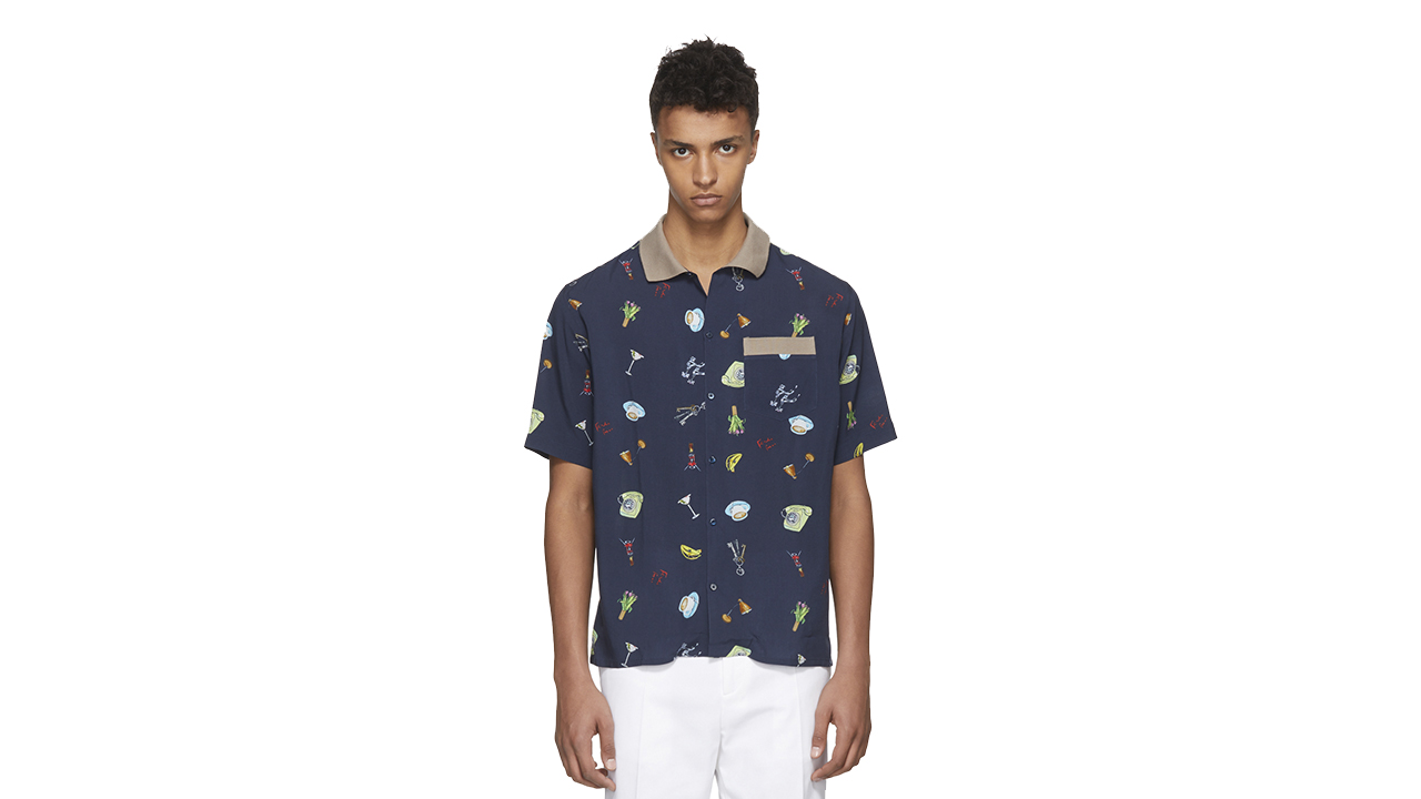 Shop this Fendi Blue Knit Collared Shirt with Cocktail Hour print