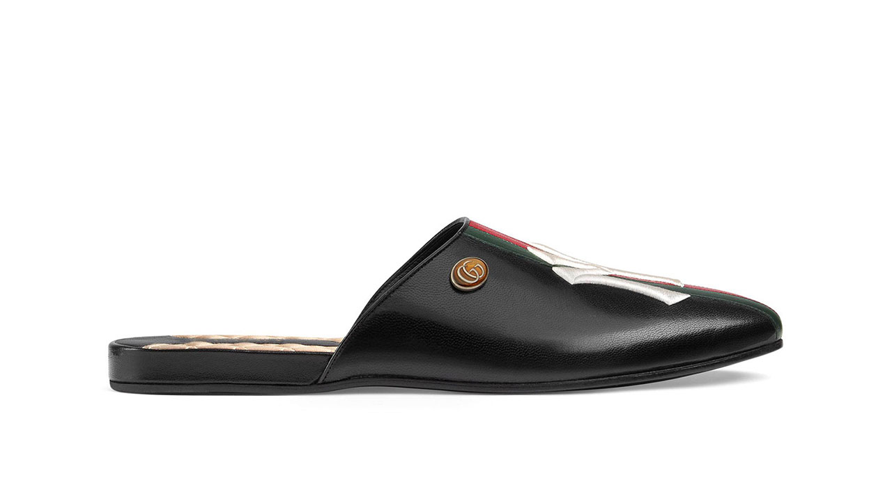 Shop the Gucci Leather Slipper with NY Yankees Patch ICON