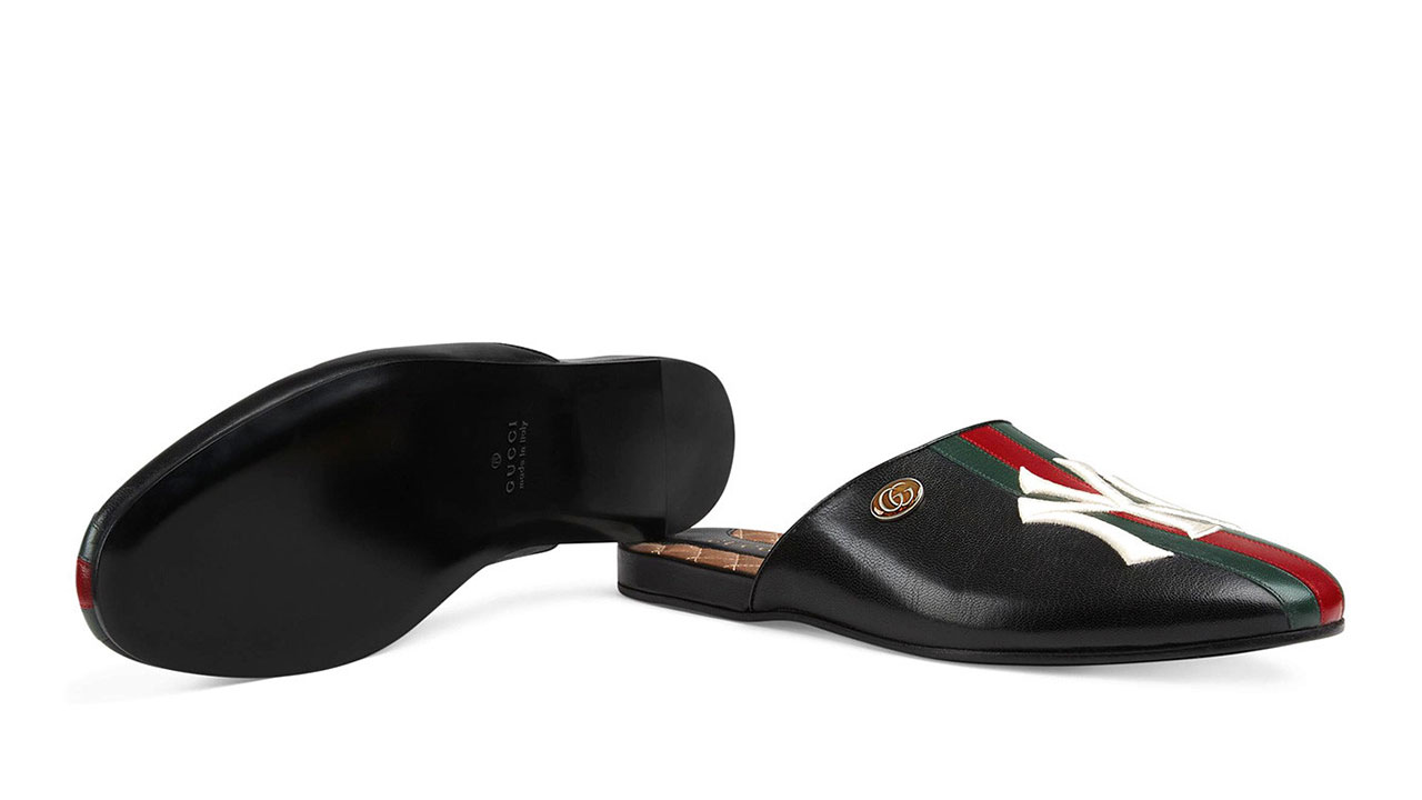 Gucci, Shoes, New Authentic Gucci Black Ny Yankees Web Accent Leather  Slippers Sz Us 8 G7